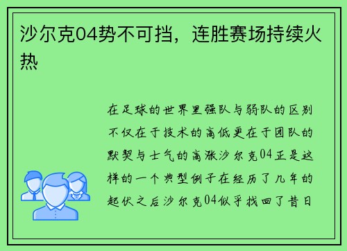 沙尔克04势不可挡，连胜赛场持续火热