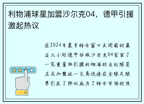 利物浦球星加盟沙尔克04，德甲引援激起热议