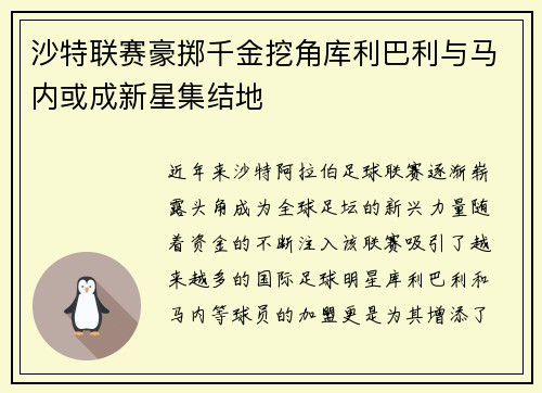 沙特联赛豪掷千金挖角库利巴利与马内或成新星集结地