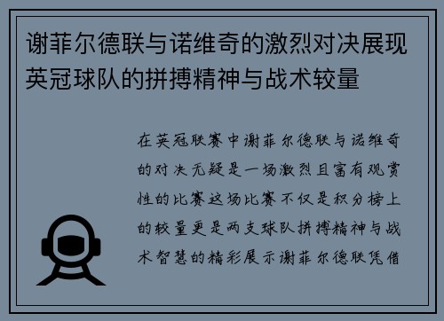 谢菲尔德联与诺维奇的激烈对决展现英冠球队的拼搏精神与战术较量