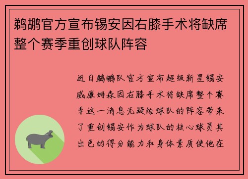 鹈鹕官方宣布锡安因右膝手术将缺席整个赛季重创球队阵容