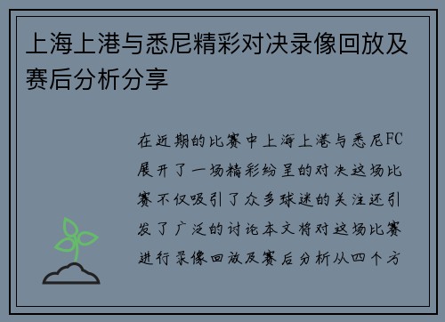 上海上港与悉尼精彩对决录像回放及赛后分析分享