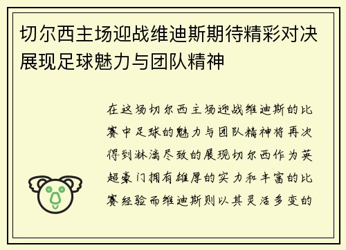 切尔西主场迎战维迪斯期待精彩对决展现足球魅力与团队精神