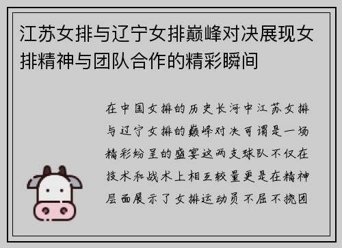 江苏女排与辽宁女排巅峰对决展现女排精神与团队合作的精彩瞬间