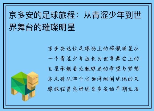 京多安的足球旅程：从青涩少年到世界舞台的璀璨明星