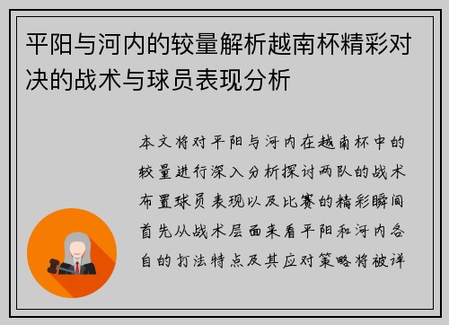 平阳与河内的较量解析越南杯精彩对决的战术与球员表现分析