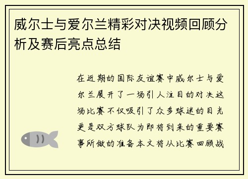 威尔士与爱尔兰精彩对决视频回顾分析及赛后亮点总结