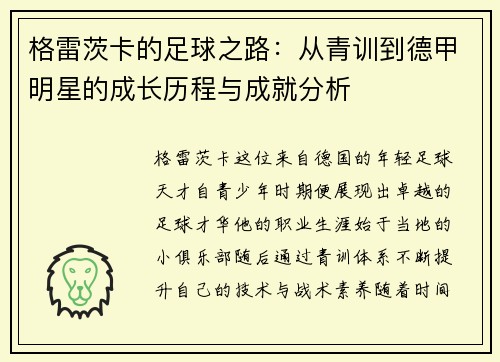 格雷茨卡的足球之路：从青训到德甲明星的成长历程与成就分析