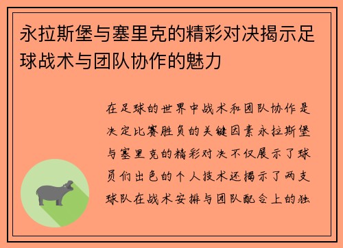 永拉斯堡与塞里克的精彩对决揭示足球战术与团队协作的魅力
