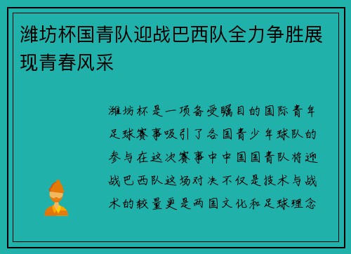 潍坊杯国青队迎战巴西队全力争胜展现青春风采