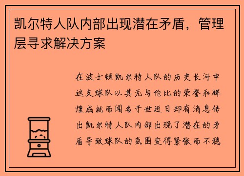 凯尔特人队内部出现潜在矛盾，管理层寻求解决方案
