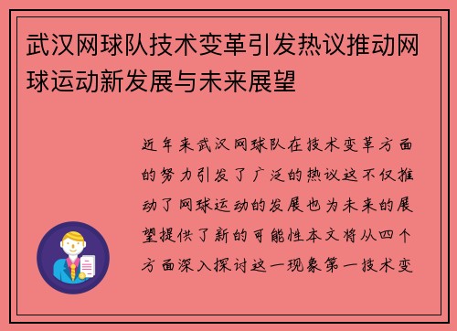 武汉网球队技术变革引发热议推动网球运动新发展与未来展望