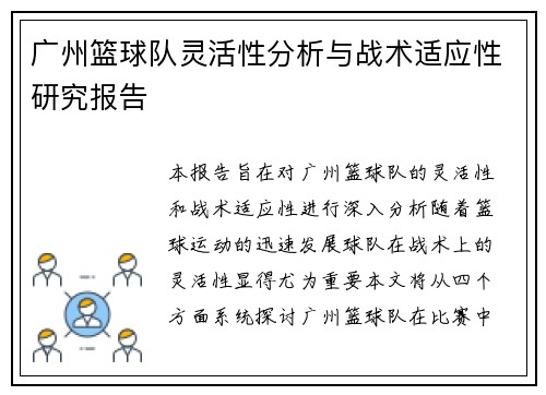 广州篮球队灵活性分析与战术适应性研究报告