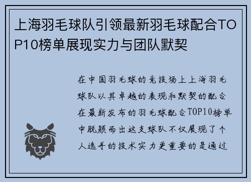 上海羽毛球队引领最新羽毛球配合TOP10榜单展现实力与团队默契